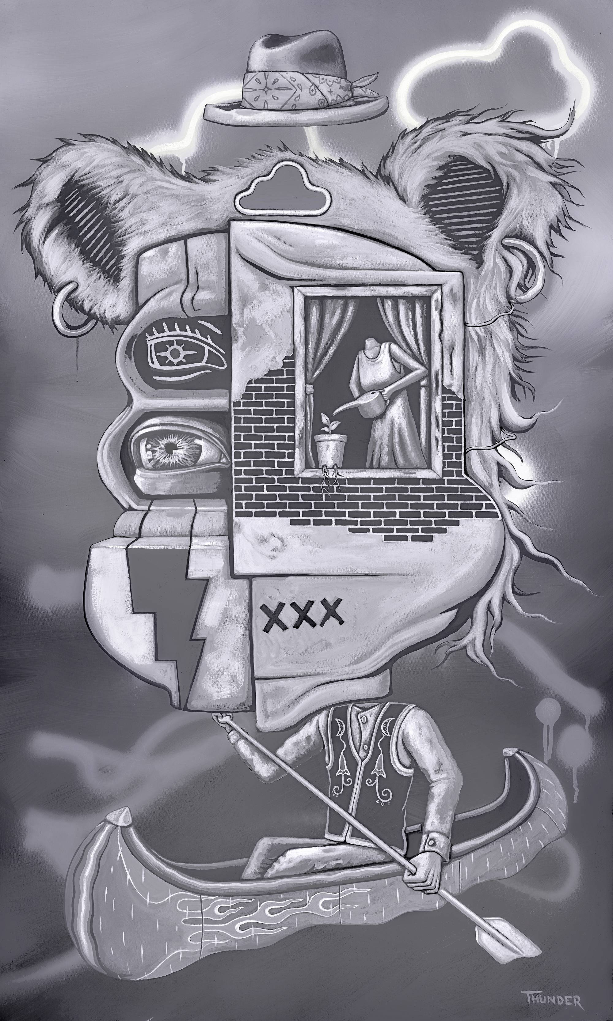 Jonathan Thunder, Head in the Clouds, acrylic and spray paint on canvas, 2021, 2025.25.1.